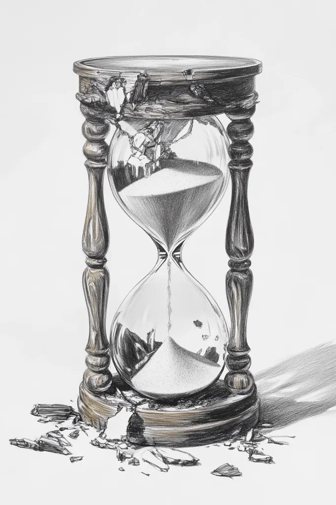 A detailed pencil sketch depicts a broken hourglass.  The wooden frame is shattered, with fragments scattered around its base.  Sand remains within the glass bulbs, suggesting the passage of time, even in destruction. The contrast of the delicate sand and the fractured wood creates a poignant image of time's fragility and irreversible nature.  The shadow adds depth and emphasizes the broken state of the hourglass.