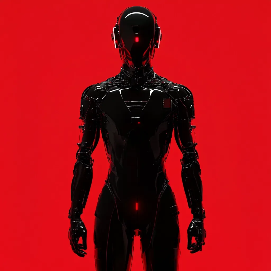 A sleek, black humanoid robot stands against a vibrant red backdrop. Its polished, dark surface reflects minimal light, highlighting its intricate mechanical design.  The robot's head features a helmet with a glowing red light, giving it a futuristic and potentially menacing appearance.  The overall image is stark and visually striking.