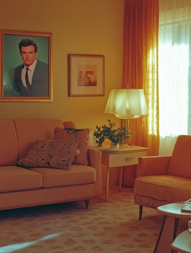 A mid-century modern living room is bathed in warm sunlight.  A beige sofa with patterned pillows sits center stage, flanked by a small side table and an armchair.  A framed portrait of a man in a suit hangs above the sofa, complemented by a smaller framed print on the wall.  Orange curtains drape a window, letting in soft light onto a patterned carpet. The overall aesthetic is calm and nostalgic.