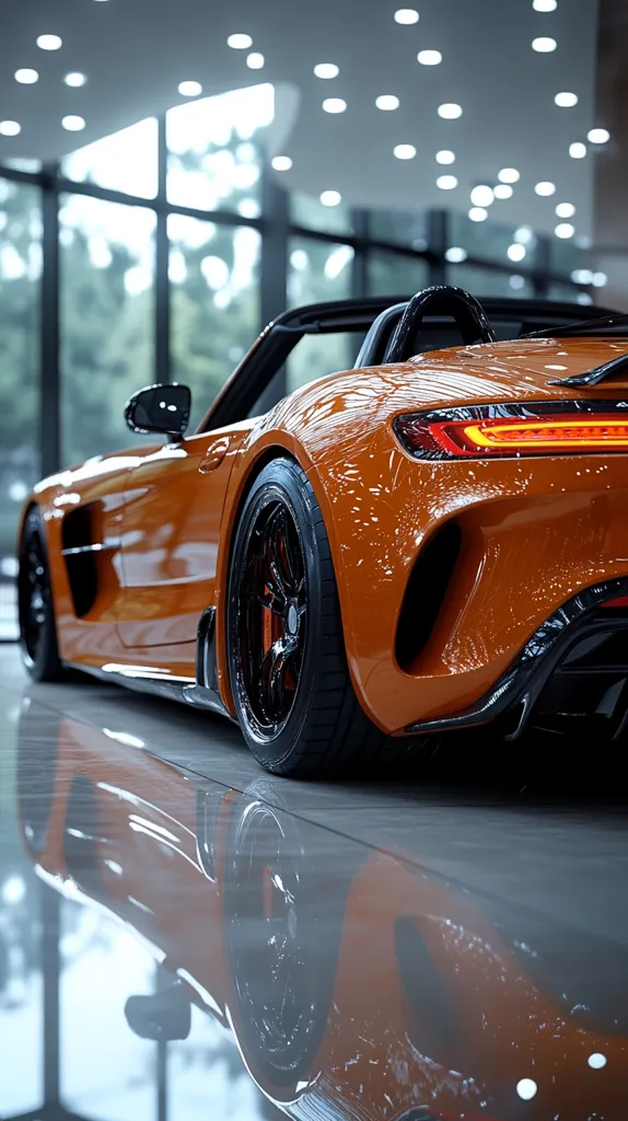 A burnt orange Mercedes-AMG GT Roadster is showcased in a modern showroom.  The convertible's sleek lines and polished finish are highlighted by the reflective floor, creating a mirror image.  The car's rear is emphasized, displaying its taillights and stylish wheels.  The background subtly shows large windows overlooking a tree-lined area, adding to the luxurious ambiance.