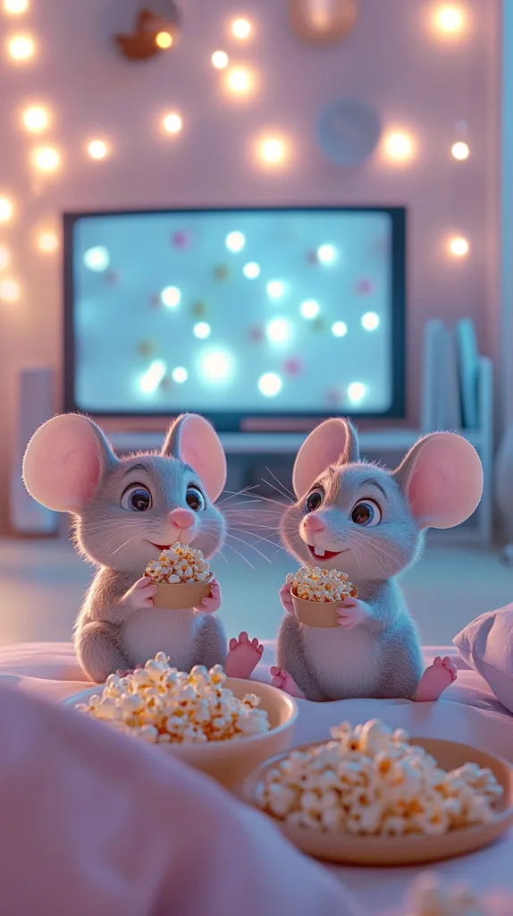 Two adorable cartoon mice snuggle on a bed, enjoying a movie night.  They each hold small containers of popcorn, with larger bowls of popcorn nearby. Fairy lights twinkle in the background, creating a cozy and magical atmosphere.  A television screen glows softly, adding to the relaxing scene. The mice are incredibly cute and expressive, perfectly capturing a heartwarming moment.