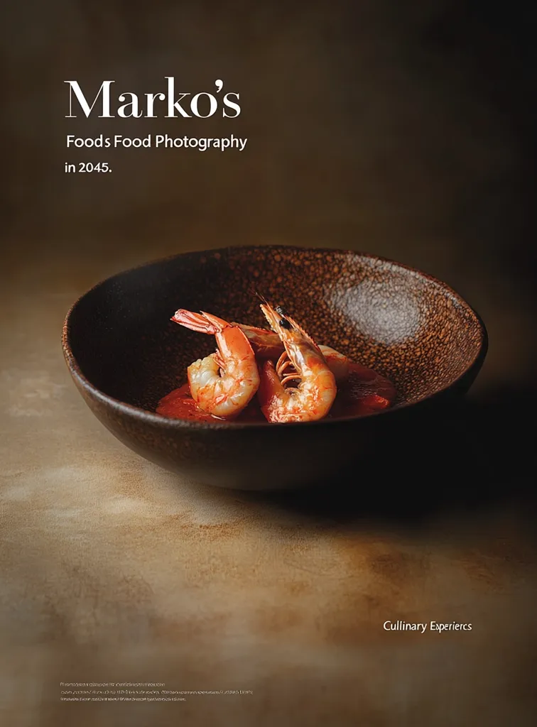 Marko's Foods Food Photography in 2045.  A dark brown bowl holds three succulent shrimp simmering in a vibrant red sauce. The image is styled for a culinary experience, emphasizing the food's texture and color.  The sophisticated presentation suggests a high-end restaurant or cookbook.  The title card showcases the photographer's vision for food photography in the future.