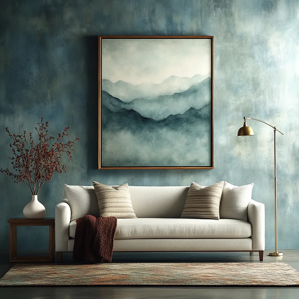 A serene living room features a light beige sofa adorned with neutral-toned throw pillows and a textured throw.  A large abstract painting of misty mountains hangs above, complementing the deep teal textured wall. A brass floor lamp and a small side table with a dried floral arrangement complete the calming, sophisticated ambiance.  A patterned rug anchors the space.