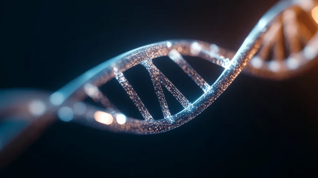 The image shows a close-up of a DNA double helix, rendered in a stylized manner.  The strands are depicted with a shimmering, crystalline texture, glowing with cool blue and warm orange highlights against a dark background.  The focus is shallow, emphasizing the intricate details of the helical structure. The overall aesthetic is both scientific and artistic.