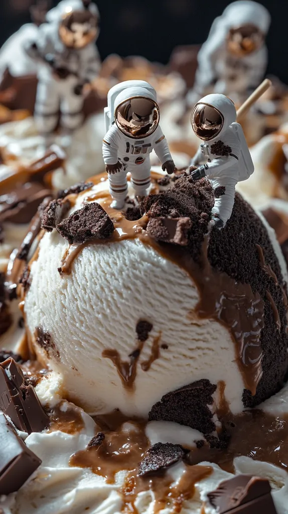 Miniature astronauts explore a decadent ice cream dessert.  A large scoop of vanilla ice cream is topped with crumbled chocolate brownies and a rich chocolate sauce.  The astronauts, crafted from white resin, appear to be sampling the sweet treat, adding a whimsical element to the confection.  The scene is darkly lit, highlighting the textures and details of the dessert and figurines.