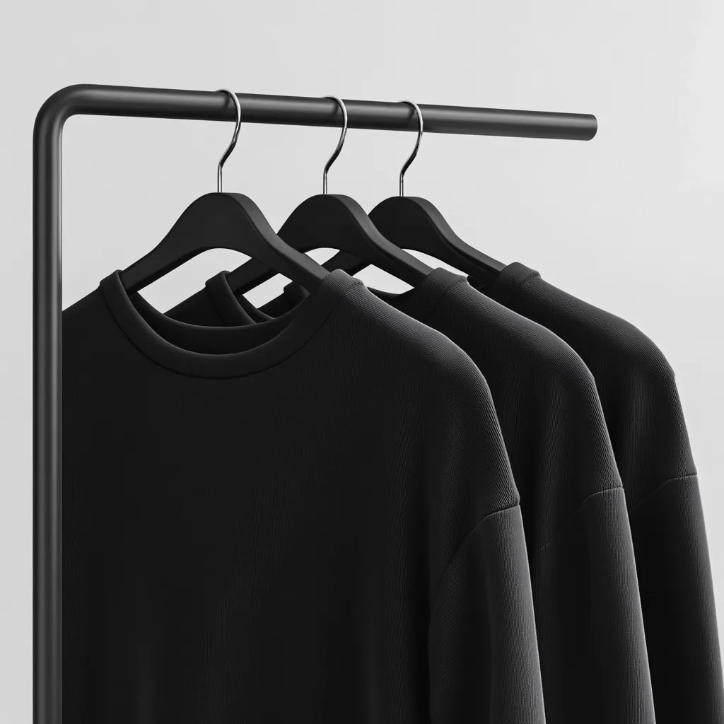 Three black crewneck sweatshirts hang on black hangers from a minimalist black clothing rack against a white background.  The sweatshirts are neatly arranged, showcasing their clean, simple design and texture. The image is a clean, modern depiction ideal for showcasing apparel.