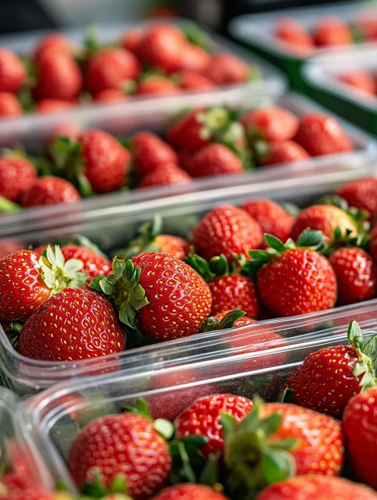 Multiple clear plastic containers are brimming with fresh, ripe strawberries.  The vibrant red berries are tightly packed, showcasing their glossy surfaces and green leafy caps.  The containers are stacked, suggesting a large quantity of strawberries, possibly at a farmer's market or grocery store. The image focuses on the abundance and quality of the fruit.