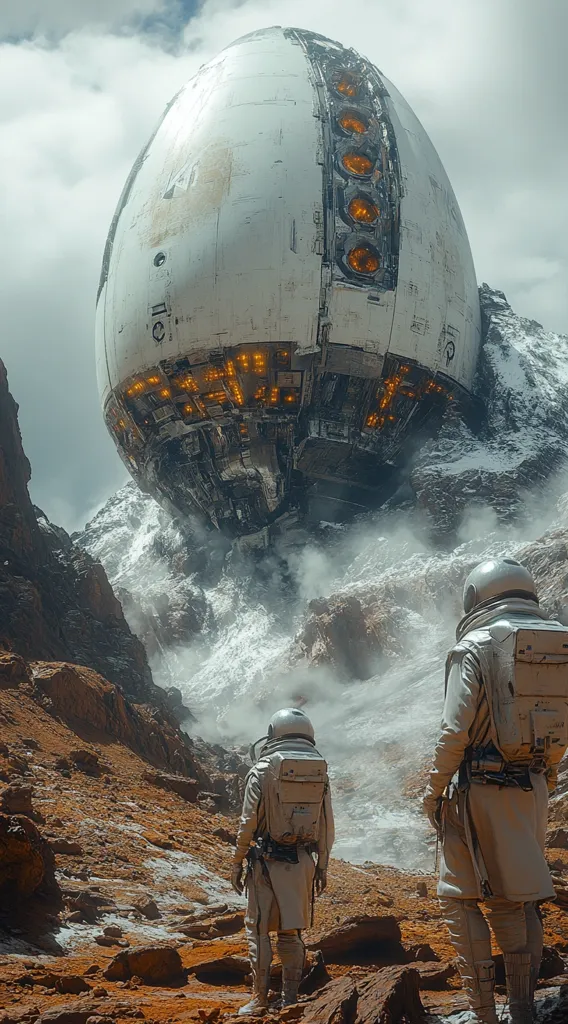 Two astronauts in beige suits stand on a red and rocky alien planet, gazing up at a massive, egg-shaped spacecraft hovering in the mist-filled valley.  The spacecraft is predominantly white with visible, glowing orange internal components.  The surrounding landscape is rugged, with snow-capped mountains in the background, creating a dramatic and otherworldly scene.