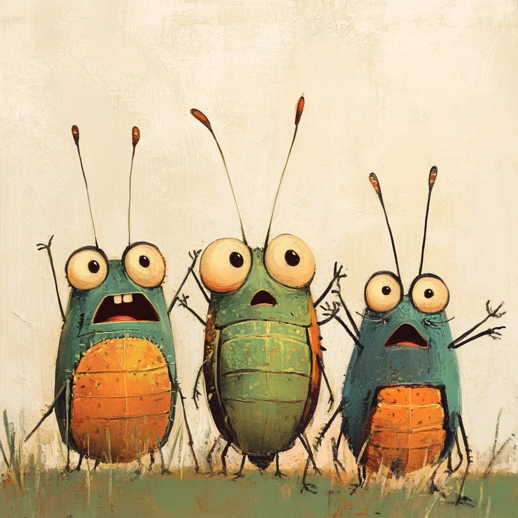 Three stylized cartoon beetles stand in a row, their large eyes wide with surprise or fear.  Their bodies are a blend of teal and orange, and their long antennae point upward.  They have expressive faces and arms raised in a gesture of alarm. The background is a muted beige, suggesting a grassy field at their feet. The overall style is whimsical and slightly surreal.