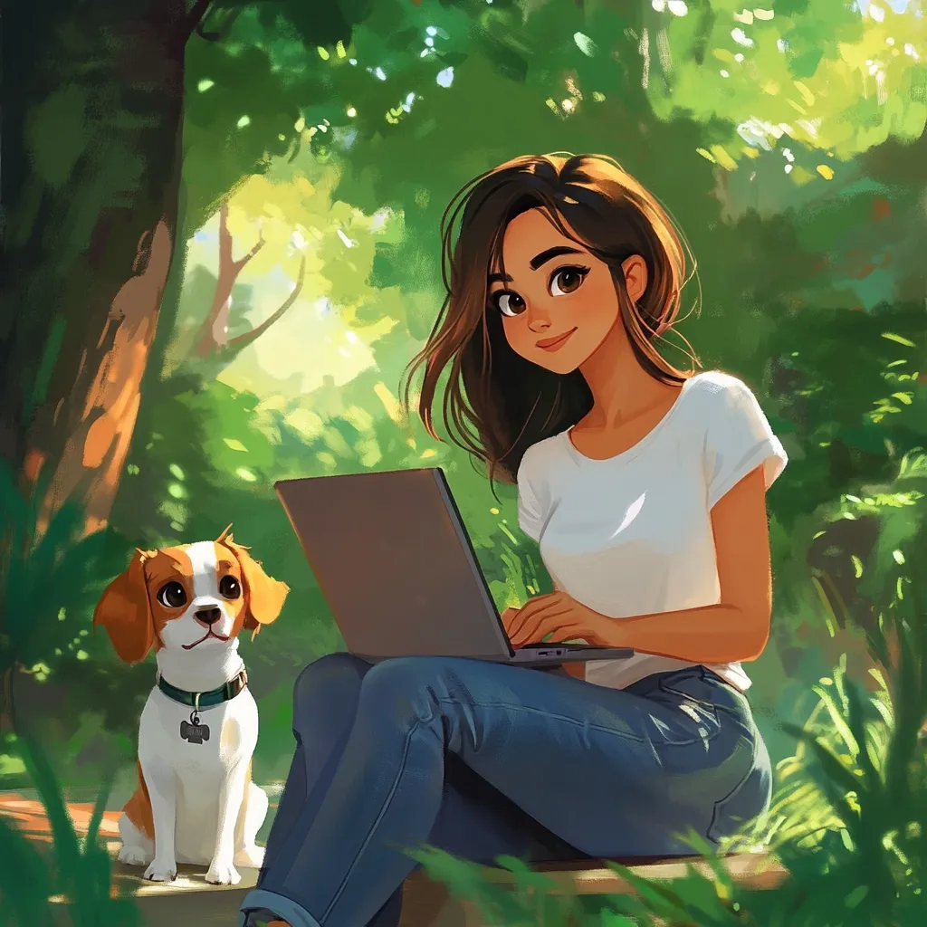 A charming illustration depicts a young woman with long brown hair, seated outdoors amidst lush greenery.  She's using a laptop, dressed in jeans and a white t-shirt.  A small, adorable dog with brown and white fur sits beside her, adding a touch of companionship to the serene scene. The sunlight filters through the leaves, creating a bright and peaceful atmosphere.