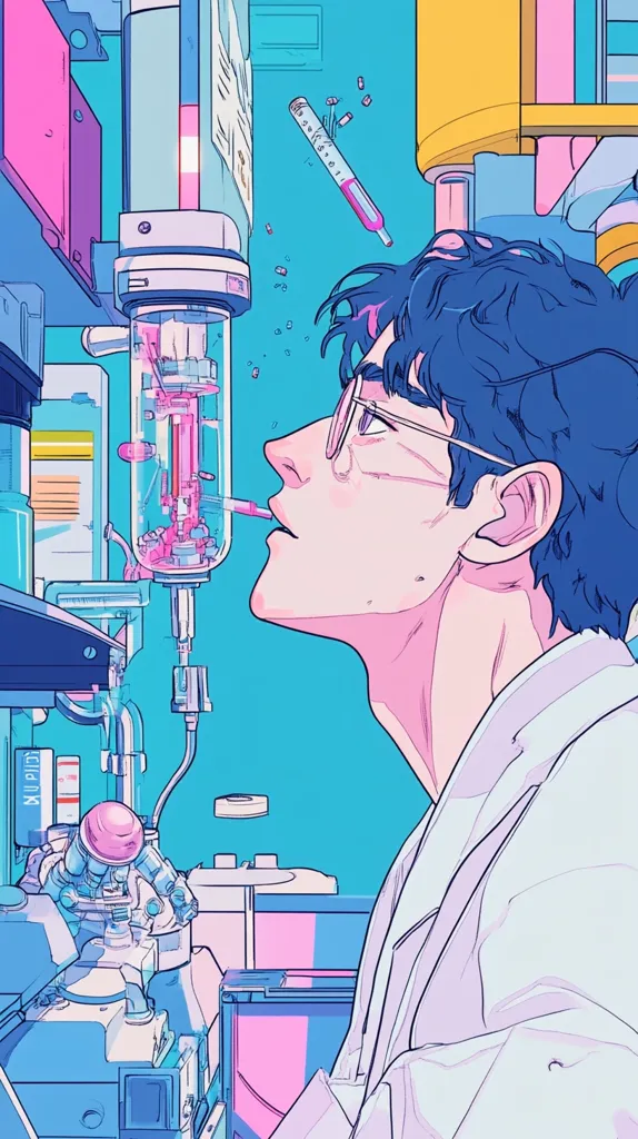A stylized illustration depicts a young scientist, glasses perched on his nose, gazing intently at a complex piece of laboratory equipment.  Pastel colors dominate the scene, with vibrant blues, pinks, and purples highlighting the futuristic technology surrounding him.  A pipette floats mid-air, adding to the surreal, dreamlike quality of the image. The overall aesthetic is a blend of science fiction and anime art styles.