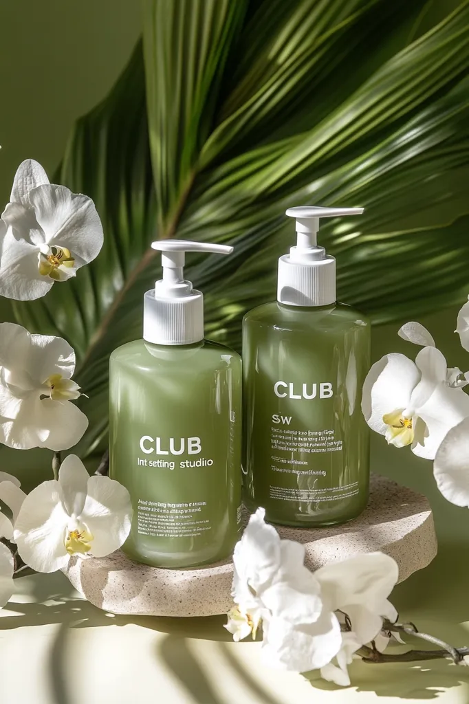 Two olive-green bottles of CLUB Int. setting studio hand soap sit on a light beige stone coaster, surrounded by white orchids and a large green leaf. The bottles have minimalist white pump tops and feature the brand name prominently.  The background is a muted green, creating a calming and natural aesthetic.  The scene is styled for a spa-like or clean beauty product presentation.