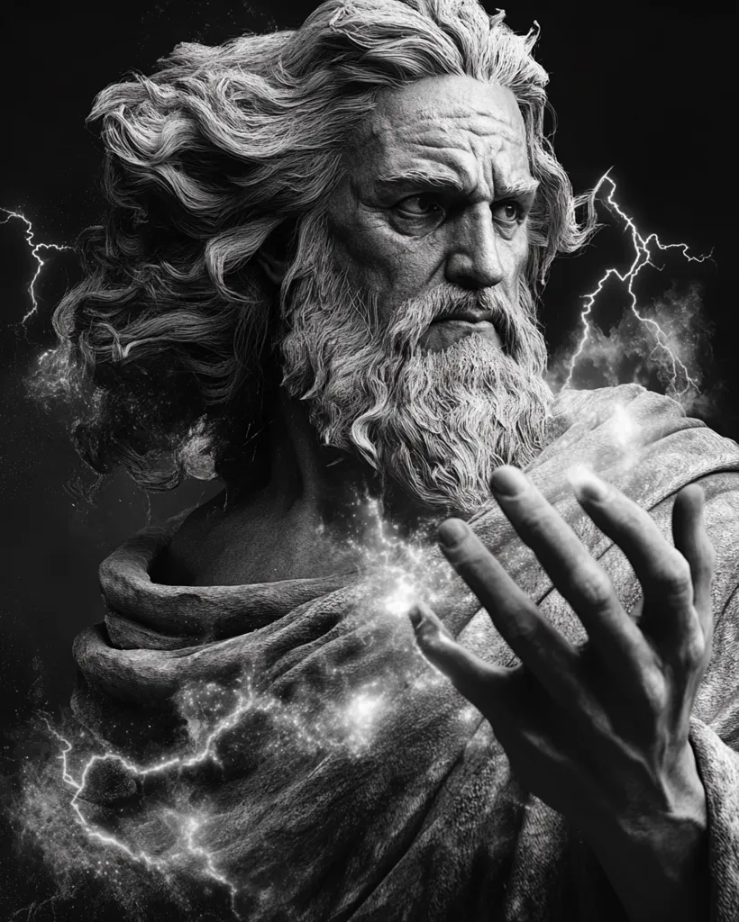 A black and white, stylized image depicts a powerful, god-like figure.  His long, flowing hair and beard frame a stern face.  He's draped in flowing robes, his hand outstretched, seemingly manipulating bolts of ethereal energy, suggesting control over electricity or divine power. The overall aesthetic evokes classical sculpture with a fantastical, dramatic lighting effect.