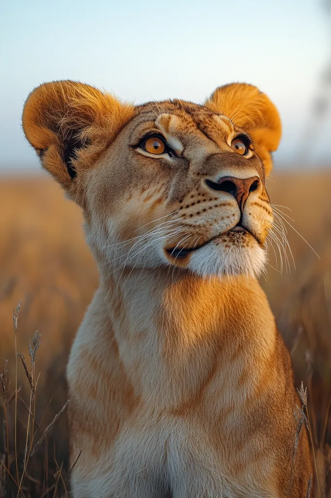A young lioness, bathed in the warm glow of the setting sun, gazes upward.  Her amber eyes are captivating, and her soft, tawny fur is highlighted by the golden light. The background is a blurred expanse of tall, dry grass, creating a serene and majestic African landscape.  She sits attentively, her expression both alert and peaceful.