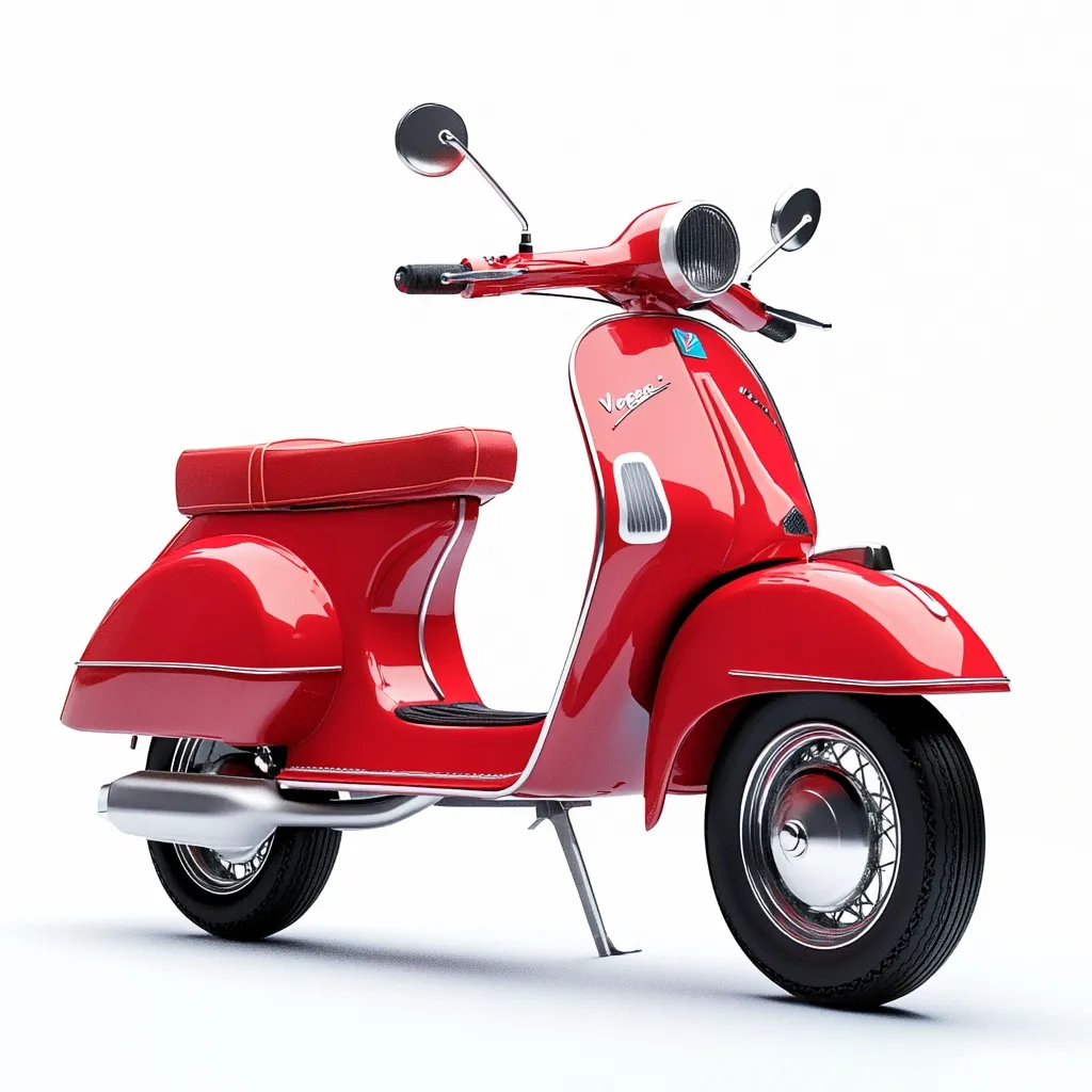 A classic red Vespa scooter is showcased against a stark white backdrop.  Its glossy paint and chrome accents gleam.  The scooter's design is vintage, featuring a curved body, a comfortable-looking seat, and classic round mirrors.  The Vespa logo is subtly displayed on the front. The overall image projects a sense of timeless Italian style and elegance.