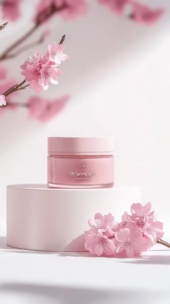 A pink jar of "30h Spring gift Festival gift" cream sits on a pale pink cylindrical platform.  Delicate pink cherry blossoms are artfully arranged around the product and in the background, creating a soft, spring-like aesthetic. The overall scene is minimalist and elegant, emphasizing the product's delicate packaging and the beauty of nature.