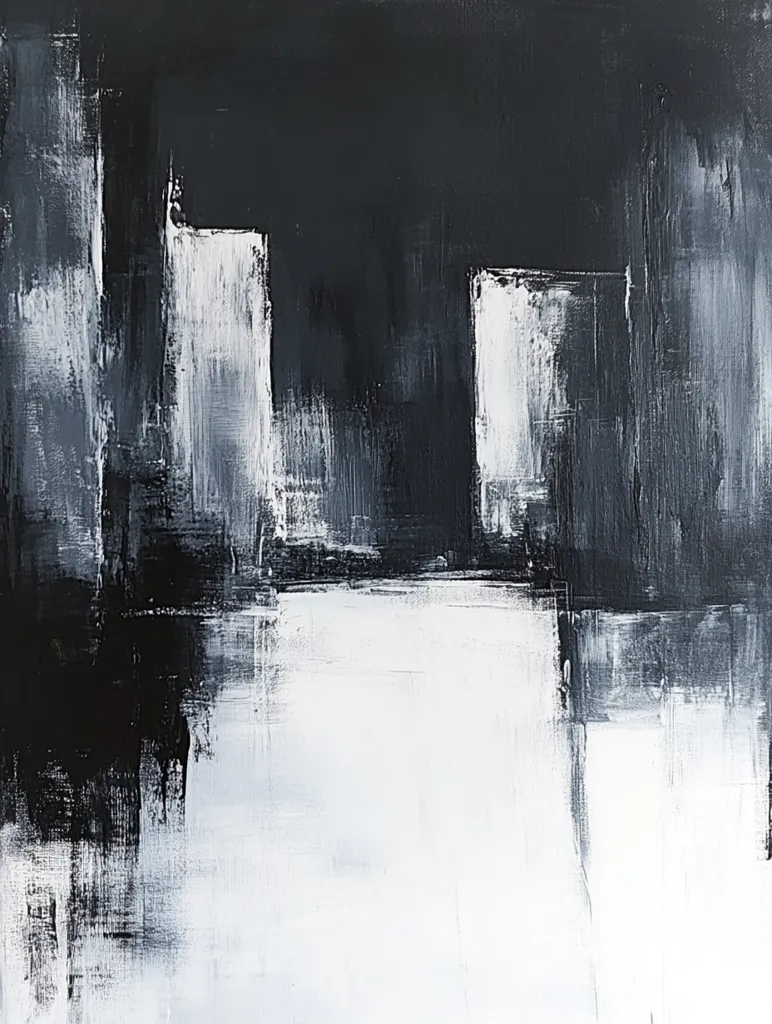 An abstract painting in shades of black, grey, and white.  Thick, textured brushstrokes create a sense of depth and movement.  Rectangular shapes suggest a cityscape or architectural forms, partially obscured by layers of paint. The contrast between dark and light areas emphasizes the interplay of form and texture.  The overall style is bold and expressive.