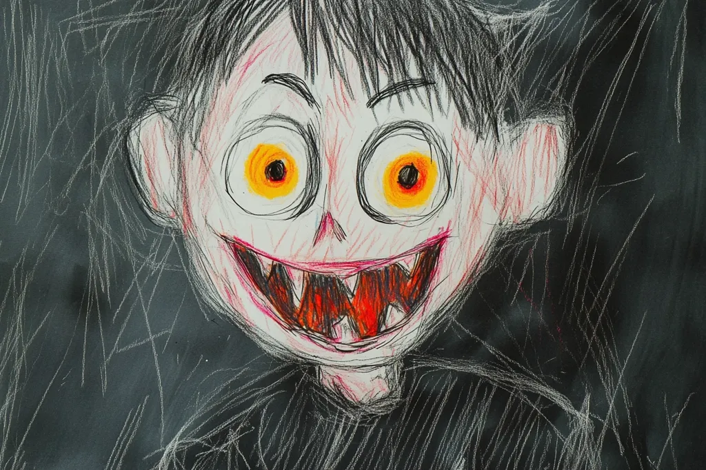 A childlike drawing depicts a grotesque figure with exaggerated features.  Large, orange eyes and a wide, sharp-toothed grin dominate the face. The style is crude, using heavy lines and color, creating a disturbing and unsettling image. The dark background accentuates the figure's bright, unsettling expression.  The overall effect is one of unsettling childish horror.