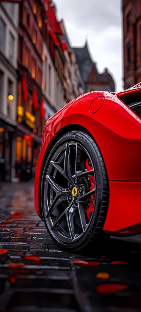 A close-up shot focuses on the rear wheel of a vibrant red Ferrari, parked on a rain-slicked cobblestone street.  The background is softly blurred, showcasing a row of classic European buildings. Fallen red leaves scatter the wet pavement, adding a touch of autumnal color to the scene. The Ferrari's sleek design and dark alloy wheels are highlighted by the contrast.