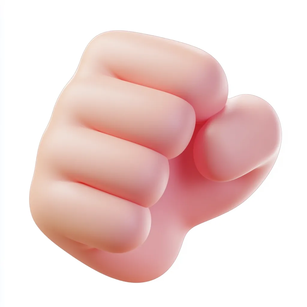 A close-up, 3D rendering of a cartoon fist.  The fist is light peach in color, with smooth, rounded knuckles and a slightly glossy texture. The image is isolated on a white background, highlighting the cartoonish style and emphasizing the fist's form.  It evokes a sense of playful strength or determination.