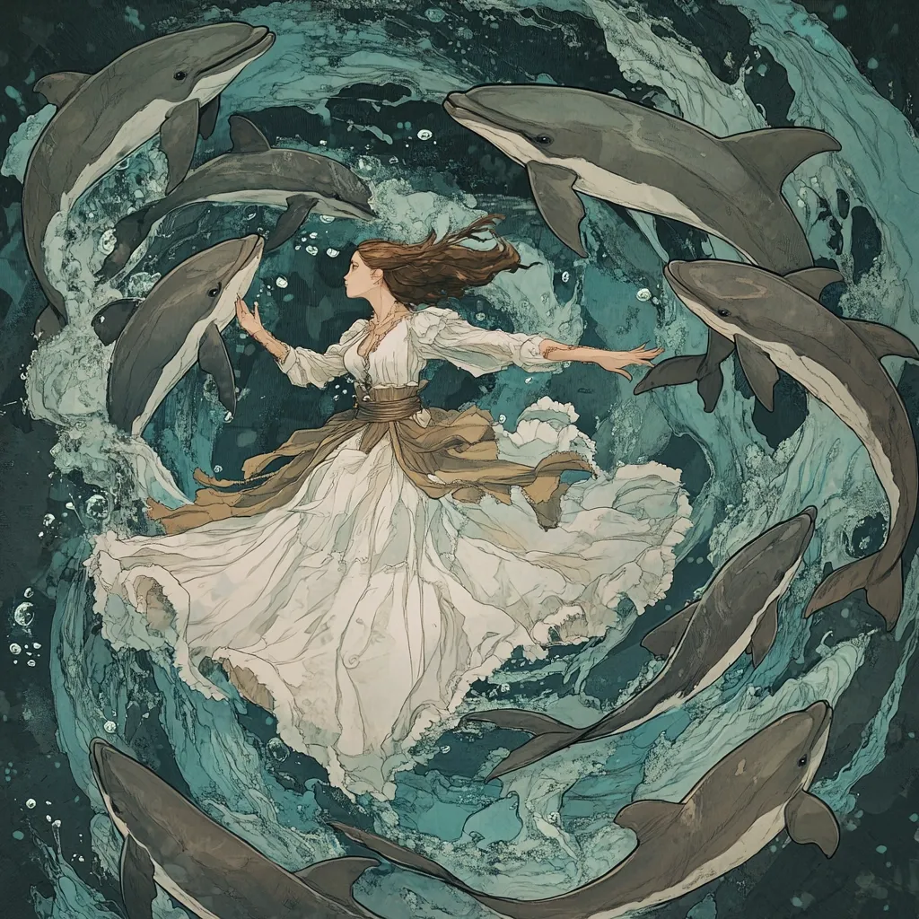 A woman in a flowing white gown gracefully floats amidst a swirling vortex of dolphins.  The teal-toned ocean swirls around her, creating a sense of ethereal movement.  The dolphins, rendered in shades of gray and brown, appear playful and protective, creating a magical and harmonious underwater scene. The artwork is detailed and expressive, capturing a moment of serene beauty.