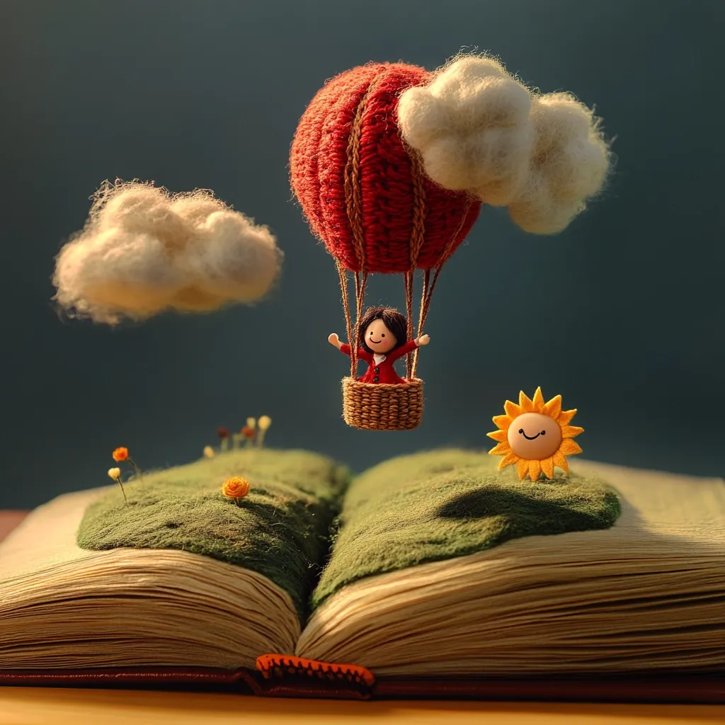 A whimsical scene unfolds from an open book.  A tiny girl joyfully rides in a red yarn hot air balloon, drifting above a miniature landscape with fluffy clouds and a smiling sun.  The book's pages create a fantastical world, blending reality and imagination into a charming, handcrafted image.