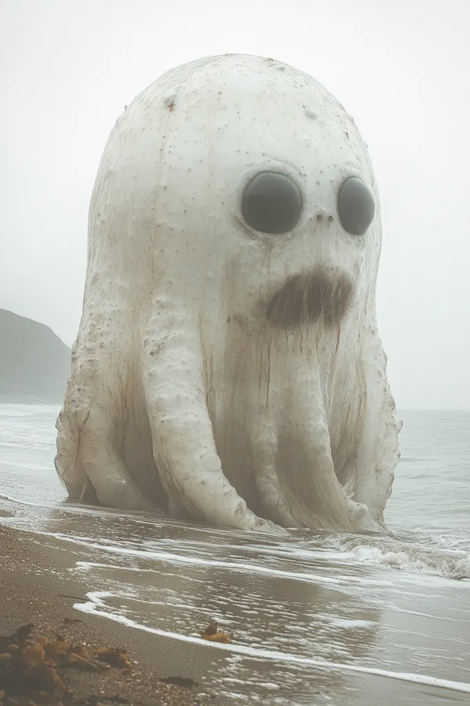 A large, white, creature resembling an octopus with an alien-like face sits on a foggy beach.  Its skin appears weathered and textured, with dark streaks running down its body. The ocean waves gently lap at its base. The overall mood is eerie and surreal, suggesting a mysterious and otherworldly presence.