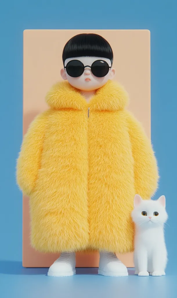 A 3D-rendered illustration depicts a stylized child figure wearing a bright yellow fluffy coat and round sunglasses.  The child has short black hair and is standing next to a small, white, fluffy cat.  Both are positioned against a peach-colored backdrop, which is set against a light blue background.  The overall aesthetic is minimalist and playful.