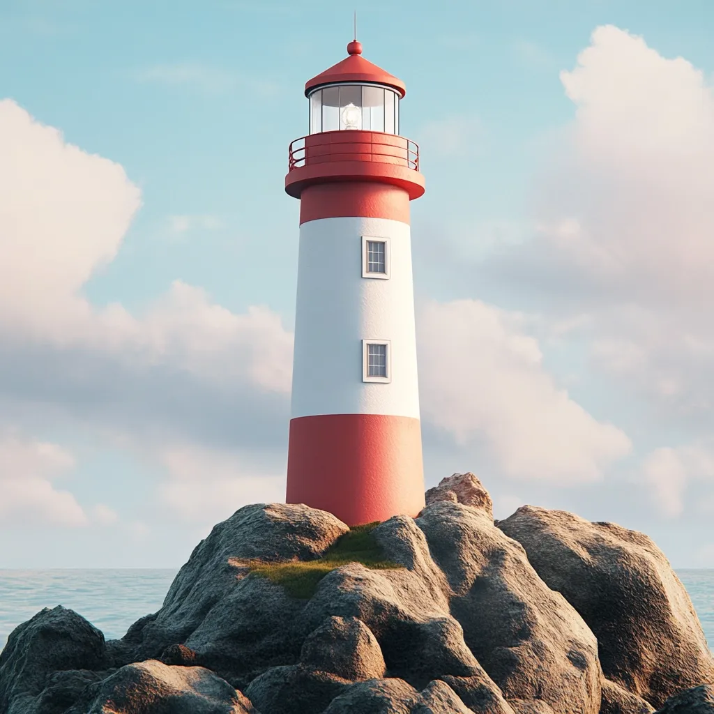 A solitary lighthouse, painted red and white, stands proudly on a rocky outcrop.  The calm ocean stretches to the horizon under a serene, partly cloudy sky. The lighthouse's light is visible, suggesting a beacon of hope and guidance. The scene evokes a sense of peace and quiet strength.