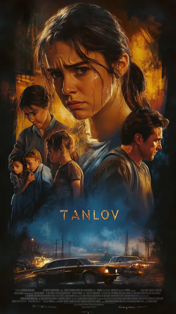 A dramatic movie poster for "TANLOV" features a distressed young woman with tears streaming down her face.  Other figures, including a woman and children, appear distressed in the background, suggesting a family in crisis. A man's profile is visible, adding to the intense atmosphere.  The setting appears dark and ominous, with classic cars in the distance under a moody sky. The overall style is painterly and evocative.