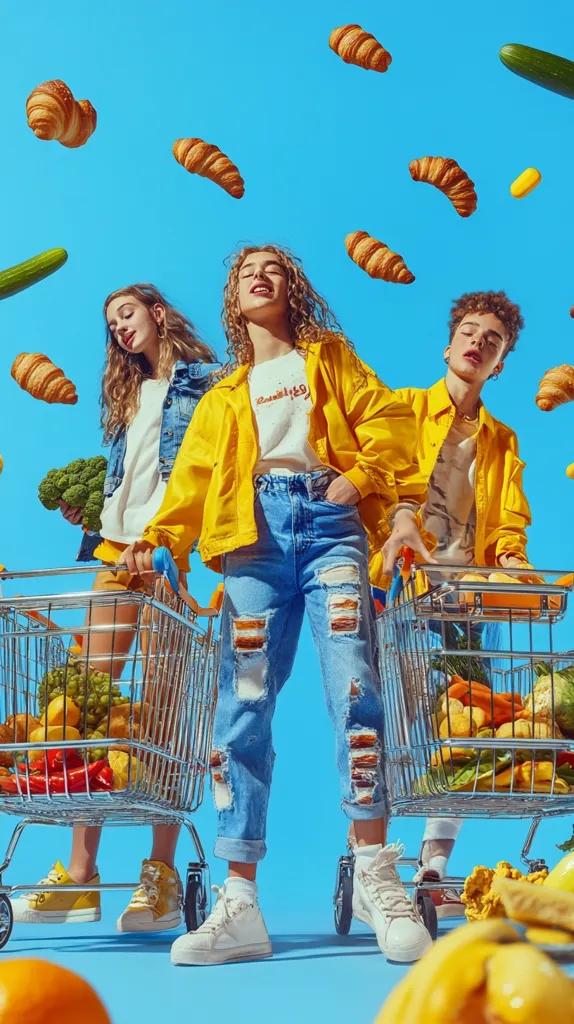 Three teenagers, two girls and a boy, pose playfully with two shopping carts full of groceries against a bright blue backdrop.  Croissants and other food items float around them. The central girl wears a yellow jacket and ripped jeans, while the others sport denim jackets.  The image is vibrant and stylized, suggesting a fun, youthful energy.