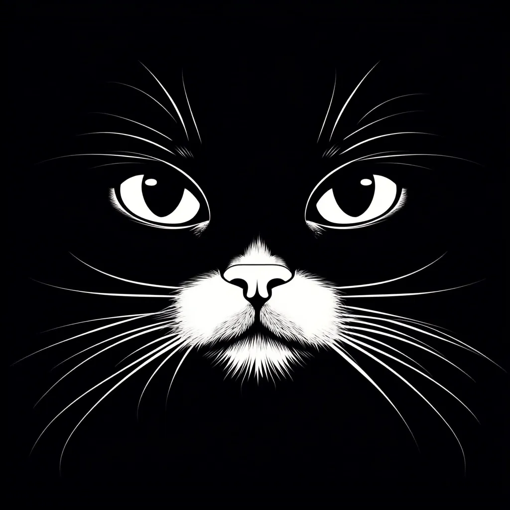 A stylized black and white illustration of a cat's face.  The cat's large, expressive eyes and whiskers are prominently featured against a dark background. The image uses high contrast to create a dramatic effect, emphasizing the cat's features.  The style is reminiscent of a graphic print or logo.  The white muzzle and whiskers contrast sharply with the black fur, making the cat's expression both mysterious and captivating.
