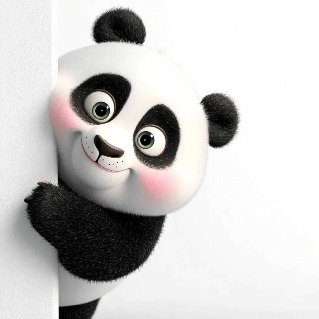 A cute, cartoon panda peeks from behind a white wall.  Its large, expressive eyes and rosy cheeks add to its charming appearance. The panda's fluffy fur is meticulously detailed, enhancing its cuddly look.  The image is bright and cheerful, perfect for children's media or branding.