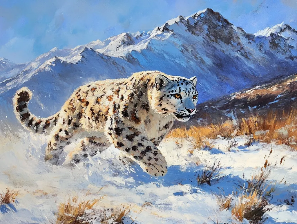 A snow leopard gracefully strides through a snow-dusted landscape, its thick fur blending with the white expanse.  The majestic animal is captured mid-stride, its gaze directed towards the viewer.  A breathtaking backdrop of snow-capped mountains under a bright, clear sky completes the scene, showcasing the beauty and power of this elusive creature in its natural habitat.