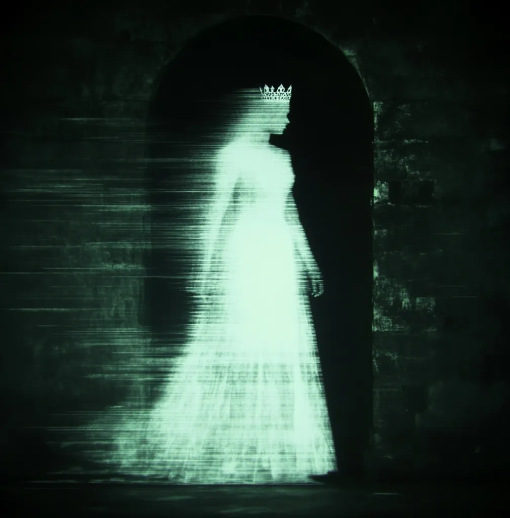 A ghostly figure, seemingly a queen in a flowing gown and crown, stands within a dark arched doorway. The image is rendered in shades of green, with a blurred, almost spectral effect. The queen's form is indistinct, suggesting a sense of mystery and ethereal presence. The dark background enhances the ghostly ambiance.  The overall impression is one of haunting beauty and faded glory.