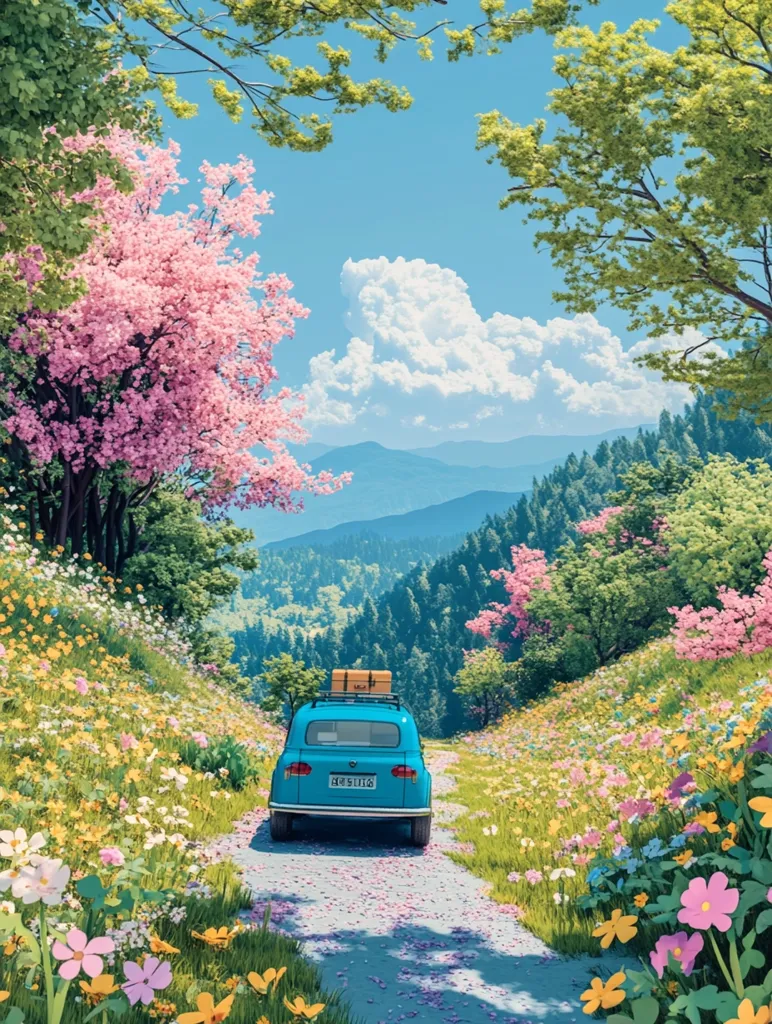 A vibrant spring scene unfolds along a winding road nestled in a mountainous landscape.  A light blue vintage car, carrying luggage on its roof, drives through a breathtaking meadow bursting with colorful wildflowers.  Pink and green trees frame the picturesque path, leading towards a backdrop of verdant hills under a partly cloudy sky.  The image evokes a sense of serene adventure and idyllic travel.