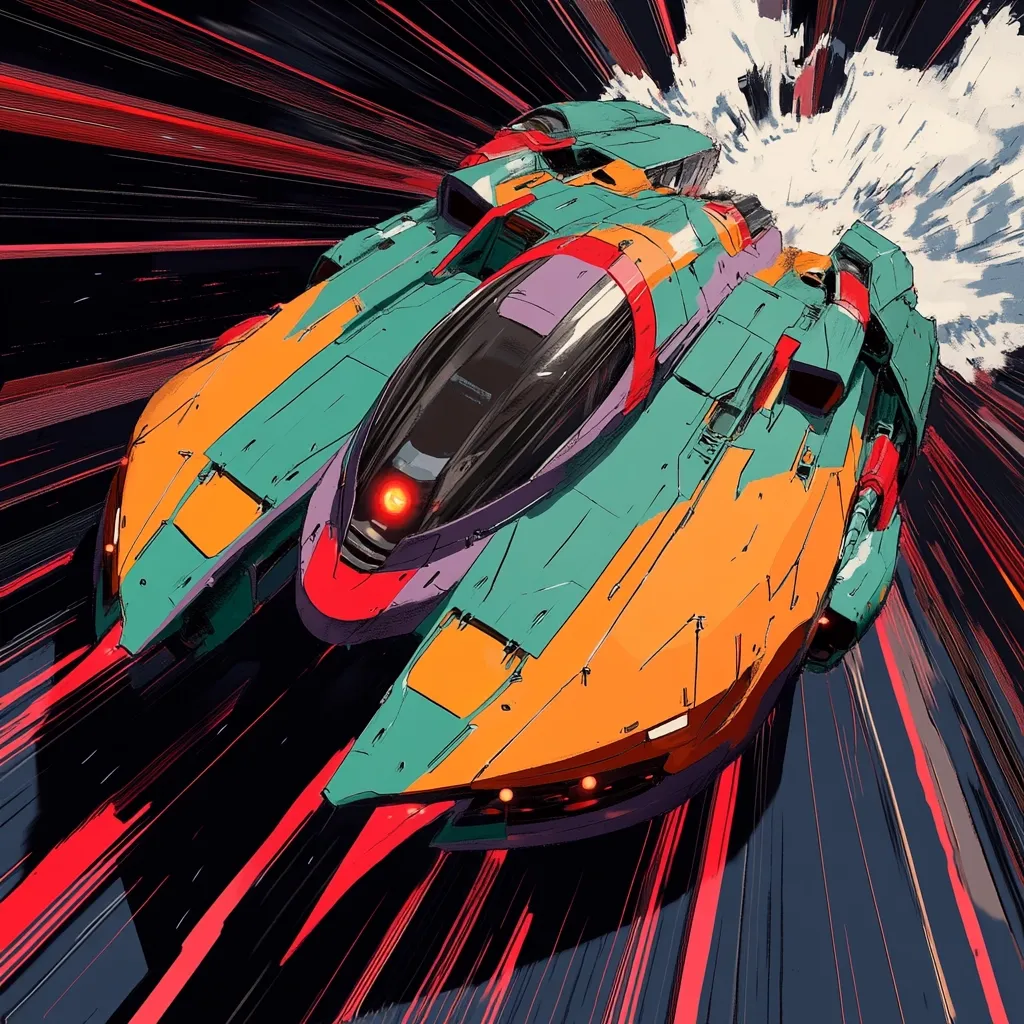 A vibrant, stylized spaceship streaks across a dark backdrop, leaving a white trail.  Its design is bold and angular, featuring teal, orange, purple, and red panels.  The speed lines emphasize its rapid movement, creating a dynamic and energetic composition. The spaceship's sleek form suggests advanced technology and futuristic design.  The overall style is reminiscent of anime or science fiction illustration.