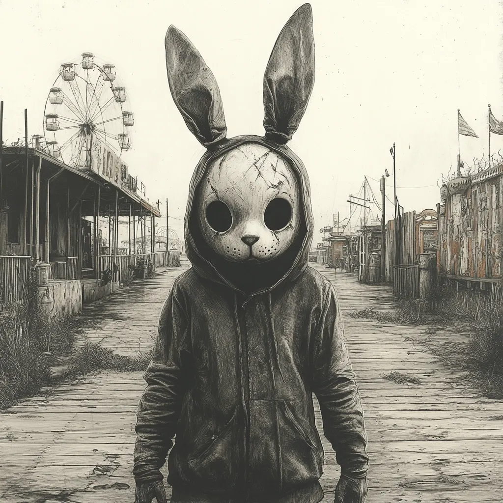 A monochromatic illustration depicts a figure clad in a dark hooded jacket, their face concealed by a disturbing rabbit mask.  The mask is weathered and cracked, giving it a sinister appearance. The backdrop reveals a desolate boardwalk, flanked by dilapidated amusement park structures and a Ferris wheel, hinting at a post-apocalyptic or abandoned setting.  The overall mood is eerie and unsettling.