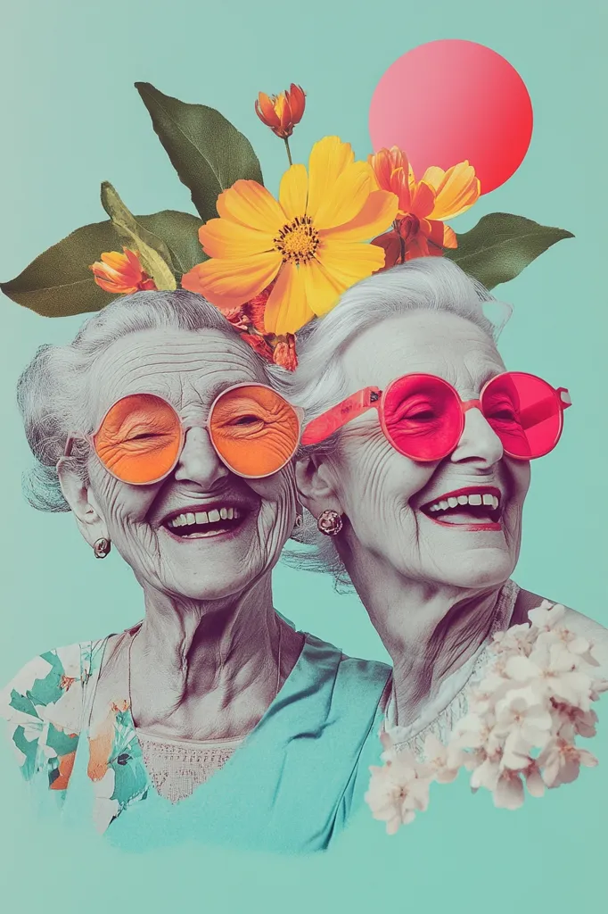 A vibrant collage features two smiling elderly women with gray hair, adorned with oversized, brightly colored sunglasses.  One pair is orange, the other pink.  A cheerful arrangement of yellow flowers and greenery crowns their heads, set against a pastel mint green background with a pink circle.  The image exudes joy and a playful, modern aesthetic.