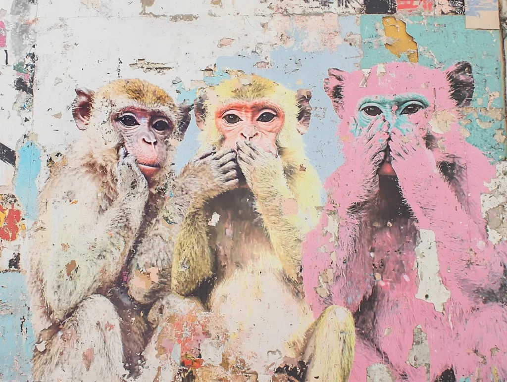 Three monkeys are depicted on a textured, multicolored wall.  One monkey covers its eyes, another its mouth, and a third its ears.  The monkeys are rendered in pastel colors—light gray, yellow, and pink—with their fur seemingly painted onto a decaying wall, creating a juxtaposition of vibrant animals and a weathered backdrop. The artwork suggests the concept of "see no evil, hear no evil, speak no evil."