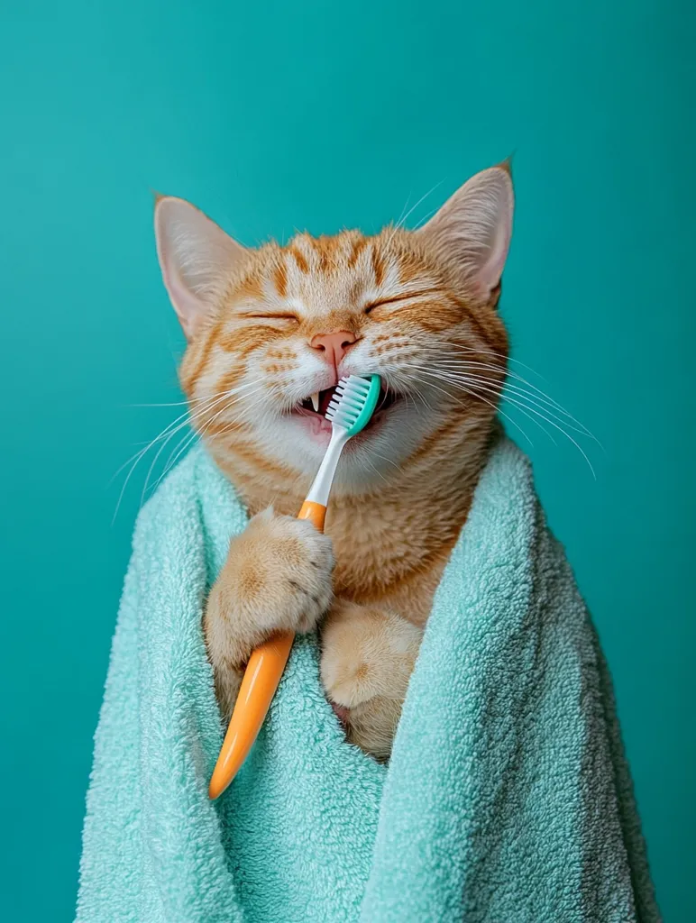 An orange tabby cat, wrapped in a teal bath towel, holds a toothbrush with its paws.  Its eyes are closed in a contented expression, as if enjoying the act of brushing its teeth. The cat's happy demeanor and the bright colors create a humorous and adorable image.  The background is a solid teal.