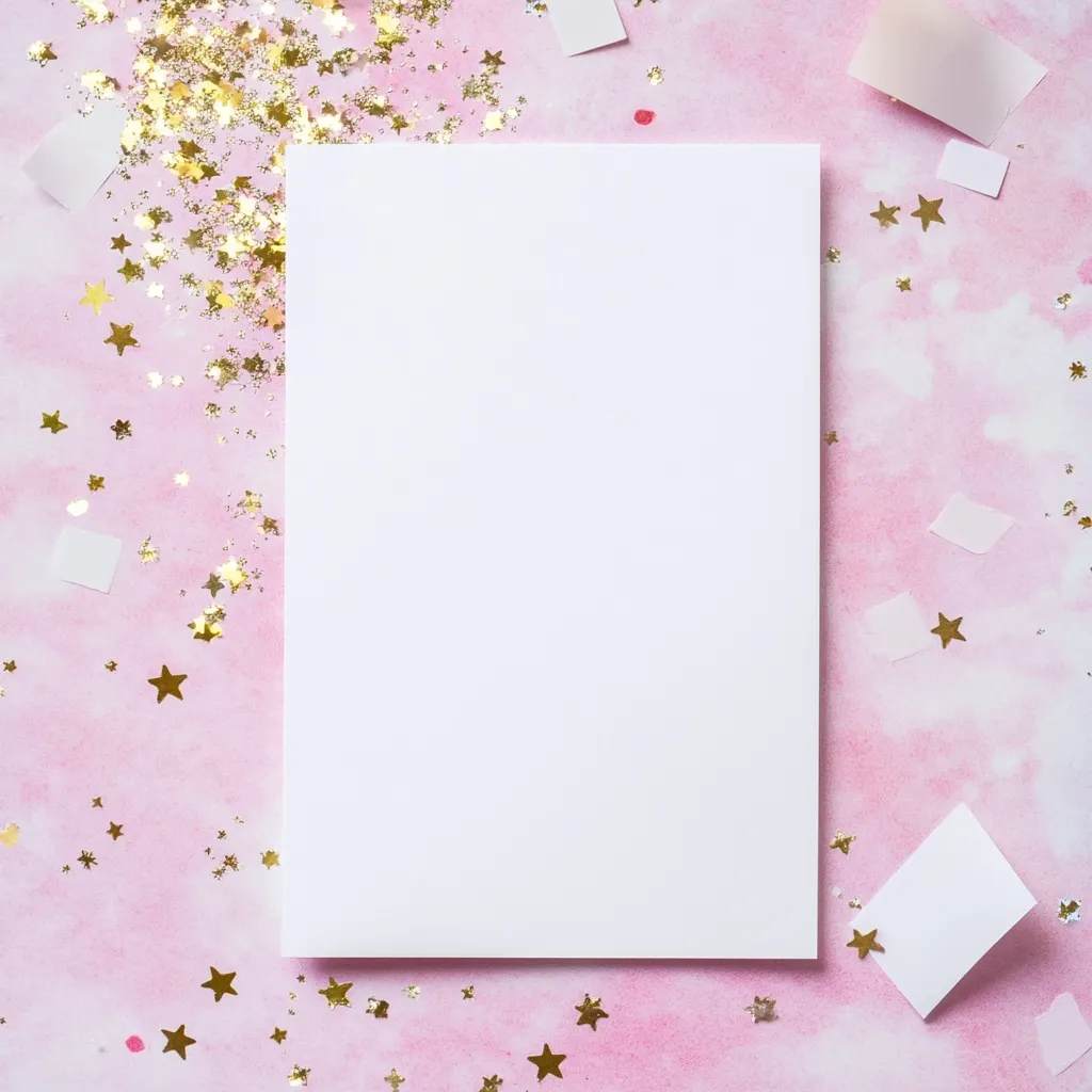 A blank white card sits on a pink background adorned with gold glitter stars and confetti.  The pastel pink background has a watercolor effect.  Small white squares and rectangles are scattered around the card, creating a festive and celebratory backdrop. The overall aesthetic is delicate, feminine, and perfect for invitations or announcements.