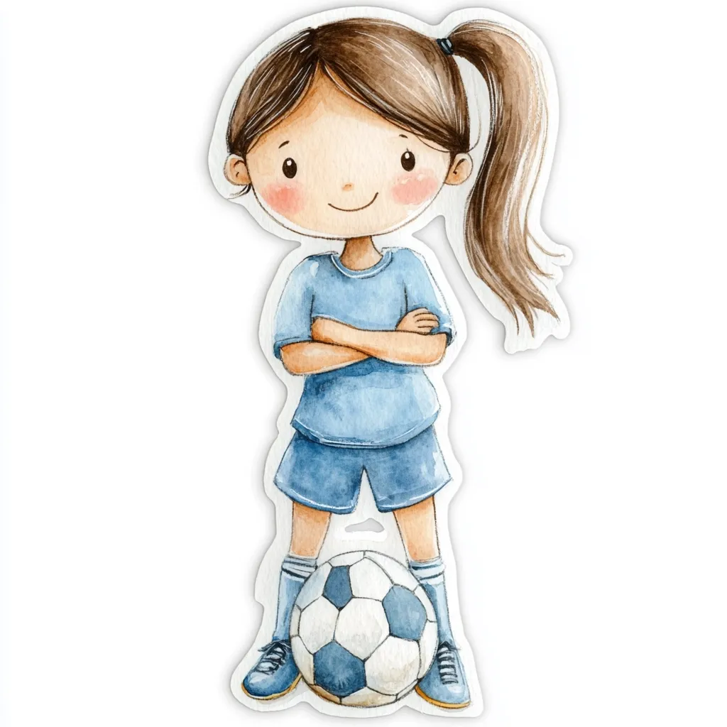 A watercolor illustration of a cute girl soccer player. She has brown hair in a ponytail, rosy cheeks, and is wearing a light blue soccer uniform. Her arms are crossed confidently, and she stands proudly beside a soccer ball. The style is whimsical and charming, perfect for children's books or sports-themed artwork.