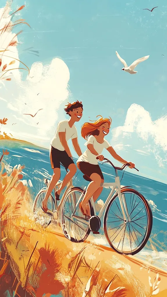 A vibrant illustration depicts a happy couple cycling along a sunny beach.  The bright sky is dotted with fluffy clouds and a lone seagull.  The ocean waves gently crash against the shore as the couple, smiling, pedals their bicycle tandem.  The style is painterly and joyful, capturing a carefree summer day.  Wild grasses frame the bottom of the scene.