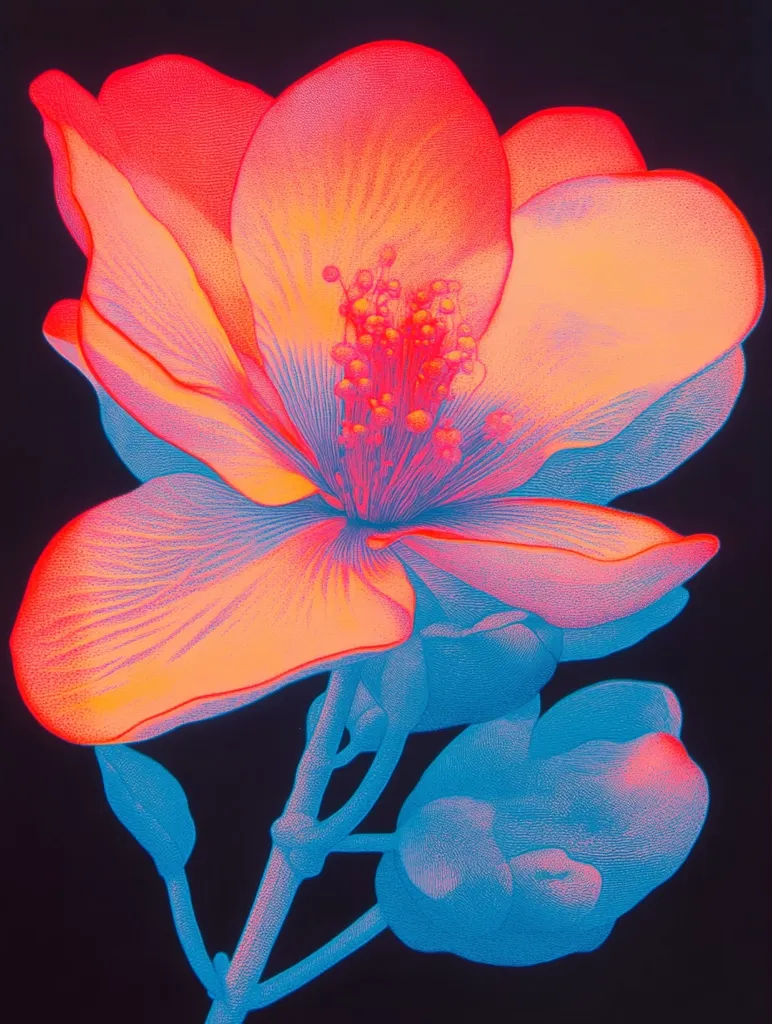 A vibrant, stylized flower dominates the image, rendered in contrasting shades of orange and blue against a black background.  The main blossom is large and prominent, with intricate details in its petals and stamen.  Smaller, unopened buds are visible on the stem, adding depth to the composition. The artwork uses a bold color palette and detailed texturing to create a striking visual effect.