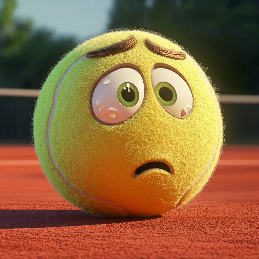 A sad, anthropomorphic tennis ball sits on a red clay court.  Its large eyes are wide with tears, and its brow is furrowed in worry.  The fuzzy texture of the ball is visible, adding to its emotional expression.  The background is blurred, focusing attention on the ball's distressed face.