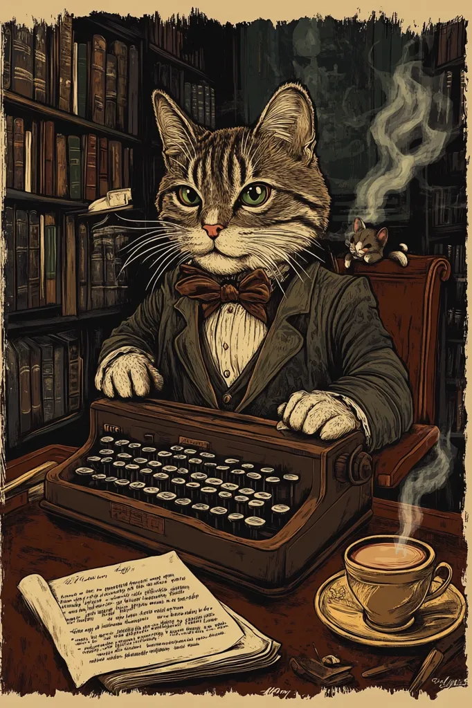 A dapper tabby cat, wearing a bow tie and waistcoat, sits at an antique typewriter in a study lined with bookshelves.  A smaller kitten perches on the chair's armrest. Steam rises from a cup of coffee beside a handwritten manuscript on the desk, creating a cozy, vintage atmosphere. The detailed illustration evokes a sense of old-world charm and literary sophistication.