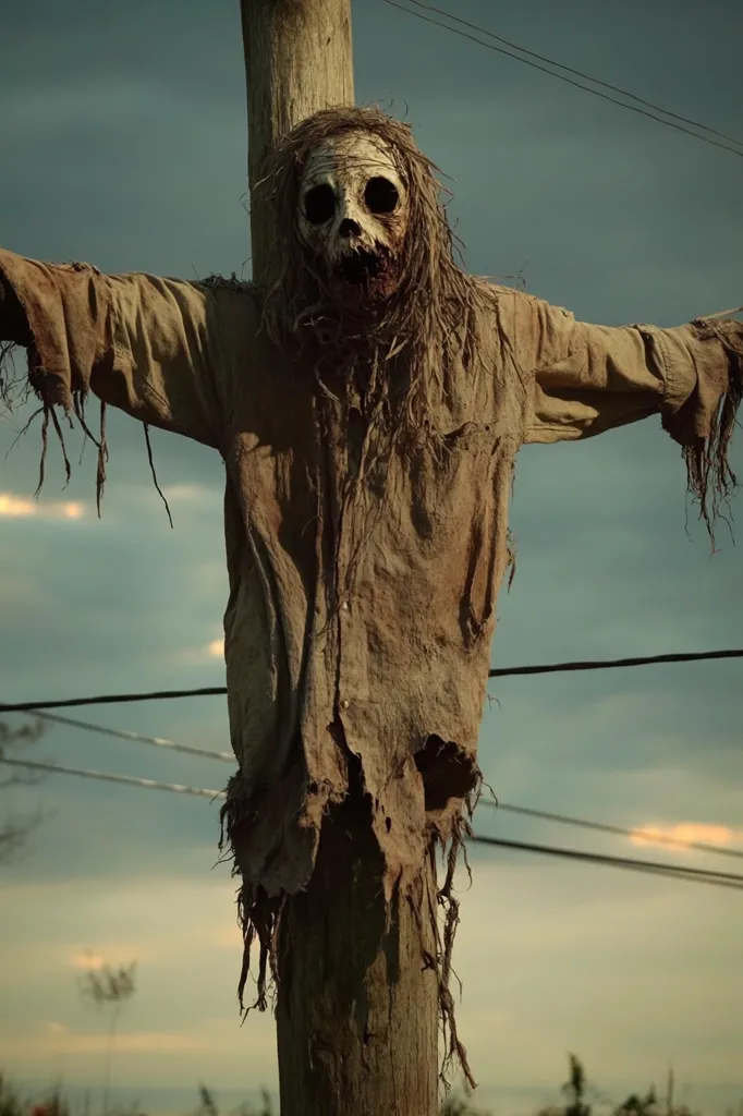 A terrifying scarecrow, seemingly made of decaying burlap and straw, is affixed to a weathered wooden post. Its skull-like face is unsettling, and its tattered clothing hangs loosely. The ominous figure is set against a muted sky, power lines crossing the background, adding to the eerie atmosphere.  The overall image evokes a sense of rural dread and horror.