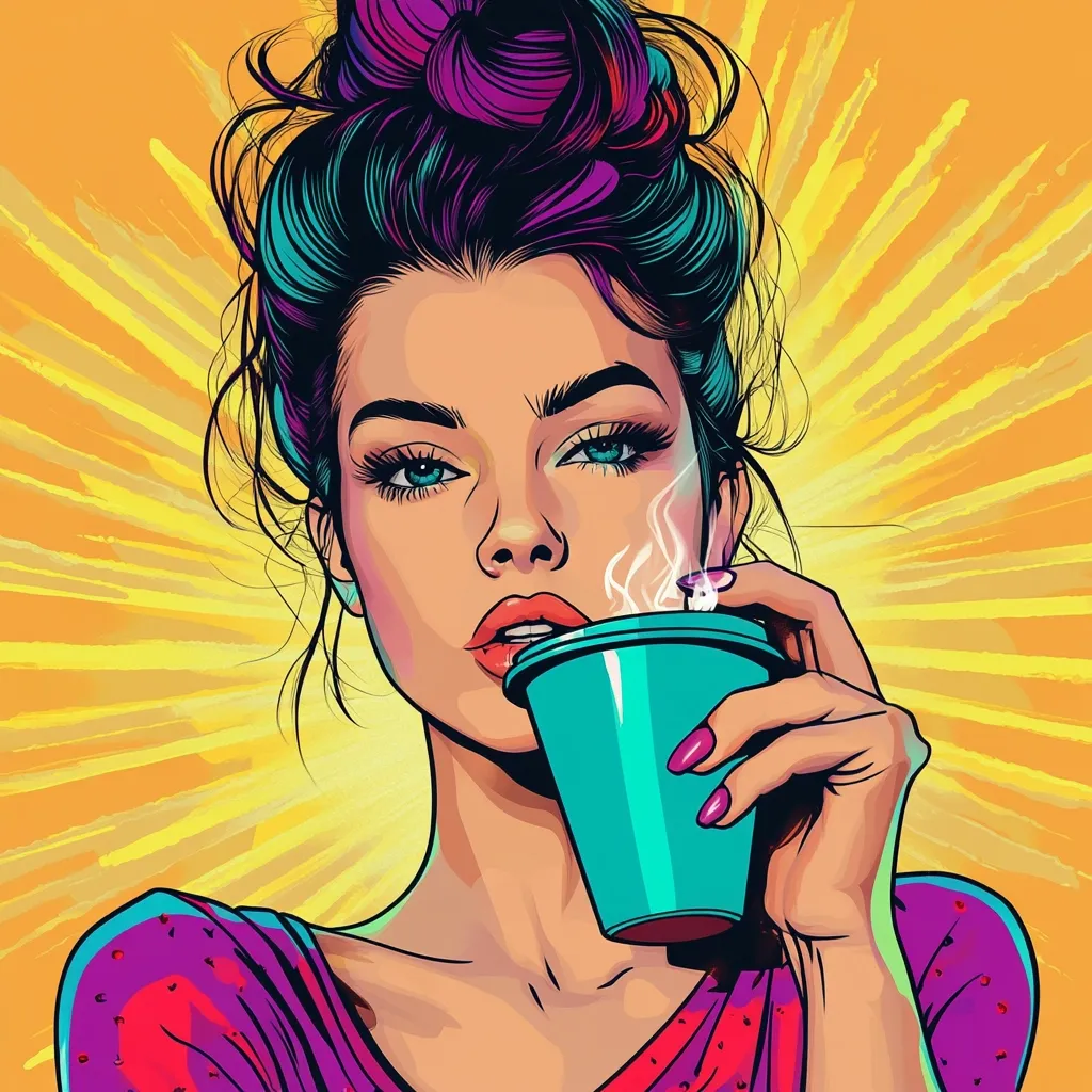 A stylized pop art illustration of a young woman with a high bun, striking blue eyes, and red lips. She is holding a teal disposable coffee cup, steam rising from it. The background is a vibrant yellow sunburst, emphasizing the bright, energetic style of the artwork.  The woman's expression is one of confident allure.