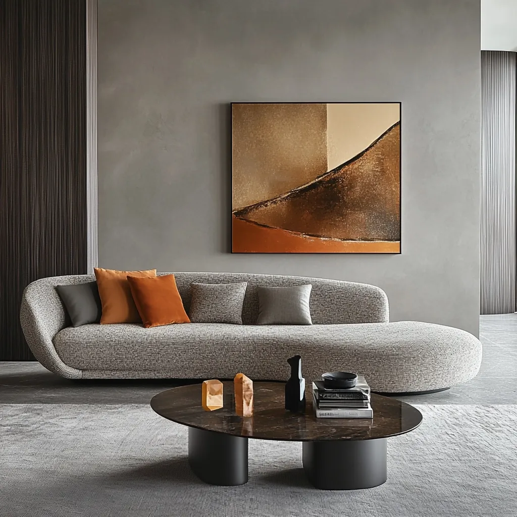 A modern living room features a curved gray sofa with orange and gray throw pillows.  A dark brown, oval coffee table sits before it, holding decorative objects and books.  Abstract earth-toned artwork hangs on the gray wall, complementing the room's neutral palette. The overall aesthetic is minimalist and sophisticated.